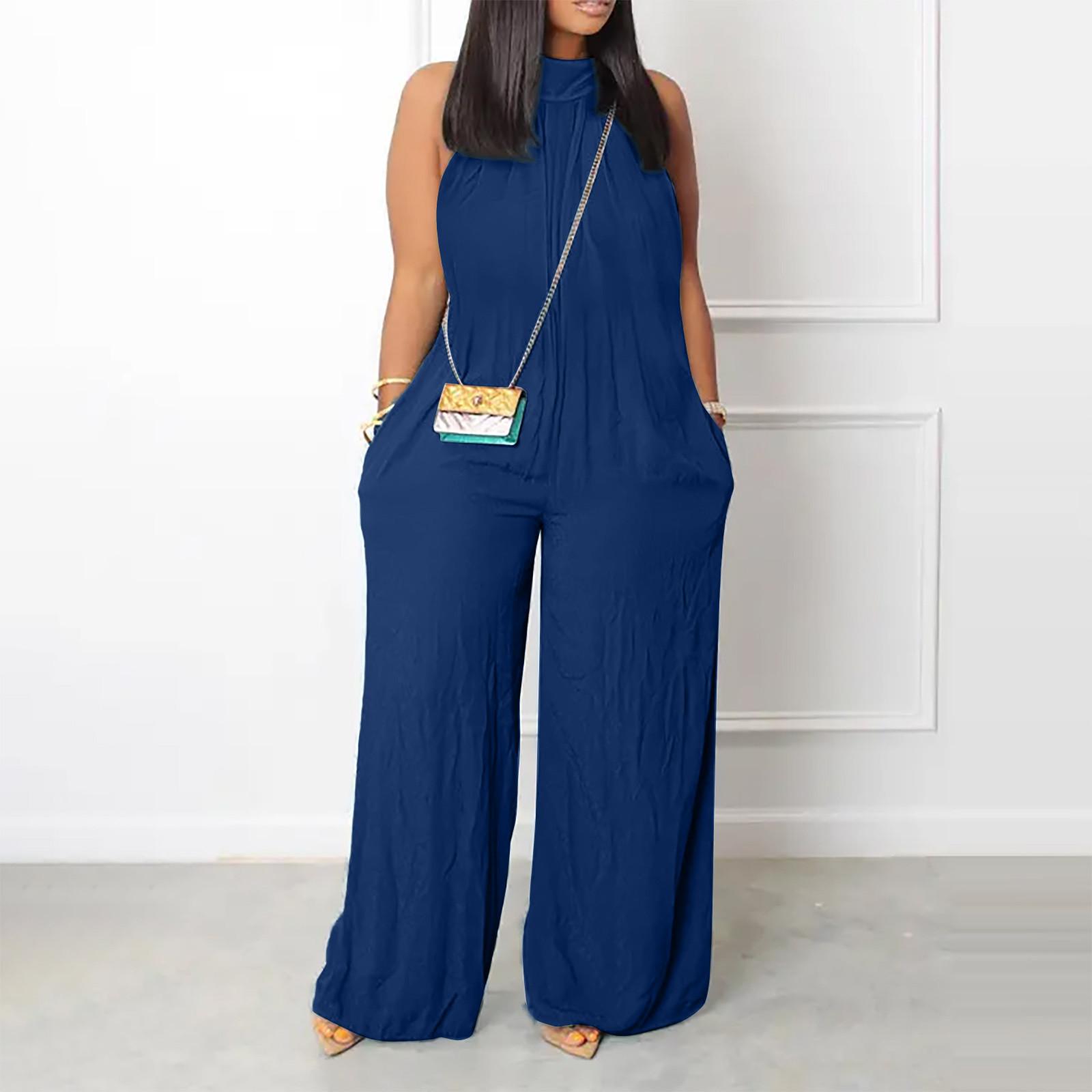 

Women s Plus Size Jumpsuit Summer Beach Sleeveless Solid Color Casual Fashion Wide Leg Jumpsuit Темно-синій