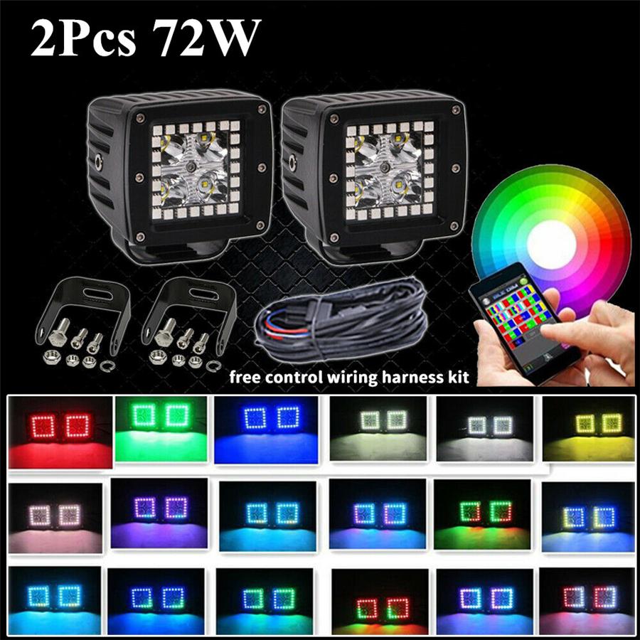 Pair 3x3inch 24W Spot Cube Pods Led Work Light Bar with RGB Angel Eyes