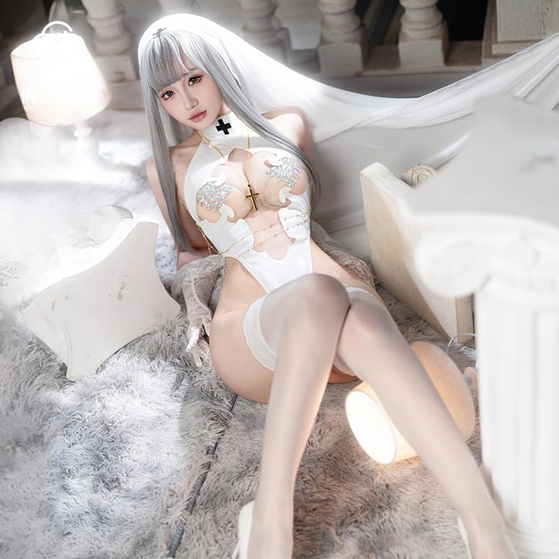 Ahegao Sister Cosplay Sexy Nun Costume with Cross Pure Saint White Sheer Extremely Babydoll Halloween Set & Veil, Leotard, Erotic, Seductive, Exposed,