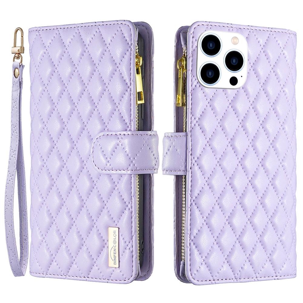 

BINFEN COLOR BF Style-15 For iPhone 16 Pro Case Rhombus Leather Phone Cover with Zipper Purple