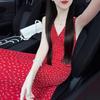 New Pure Desire Red Straps Suspender Floral Dress Women's Waist and Thin Temperament Dress