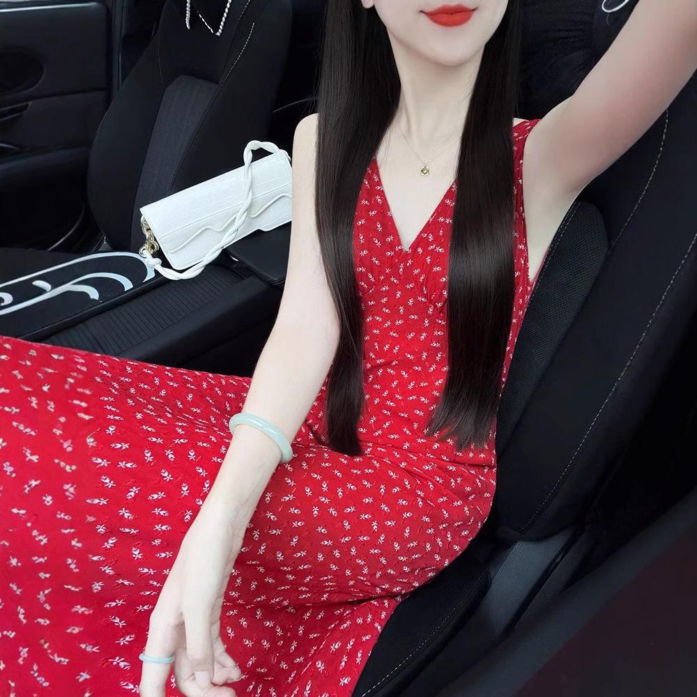 New Pure Desire Red Straps Suspender Floral Dress Women's Waist and Thin Temperament Dress