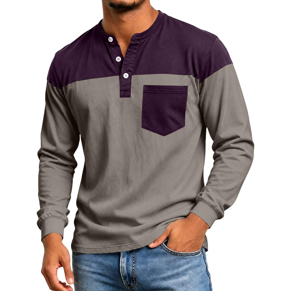 Men's Color Block Long Sleeve Shirt Casual Top for Spring and Fall