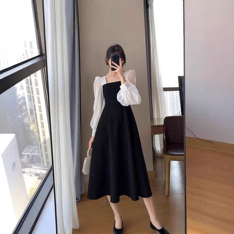 

New Season Retro Spliced Square Neck Black Mesh Long Sleeve Dress S