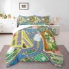 Cartoon Airport Runway City Map Bedding set (1 duvet cover, 2 pillowcases, duvet not included), Planes Helicopter Top Down Art Print