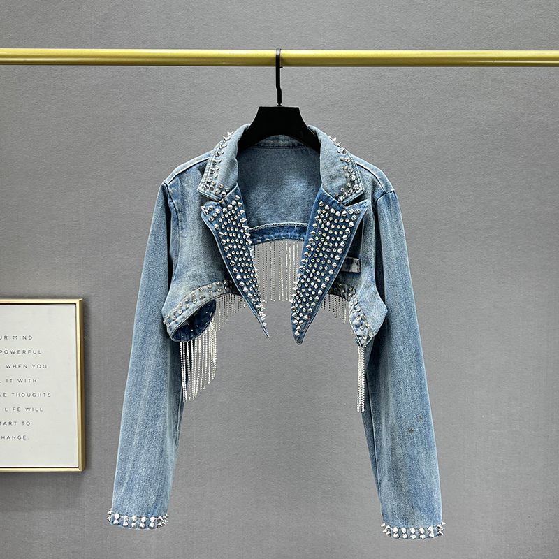 

Бриллиантовая верхняя одежда Слим Ультракороткие топы Джинсовая куртка Blue All yards