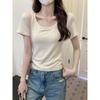 Front Shoulder U-neck Short-sleeved T-shirt for Women's Summer Pure Desire, Slim and Thin Bottom Top