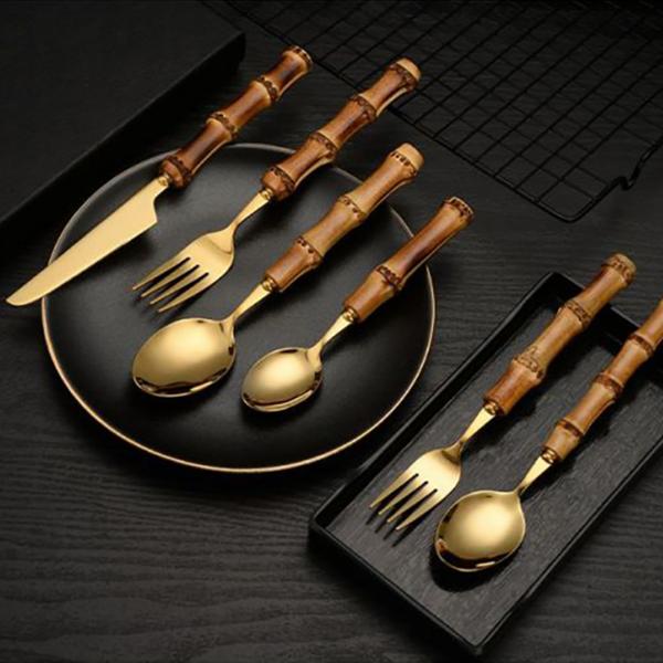 4PCS Creative Bamboo Handle Stainless Steel Tableware With Steak Knives Flatware Knives Set Includes Dessert Spoon Forks