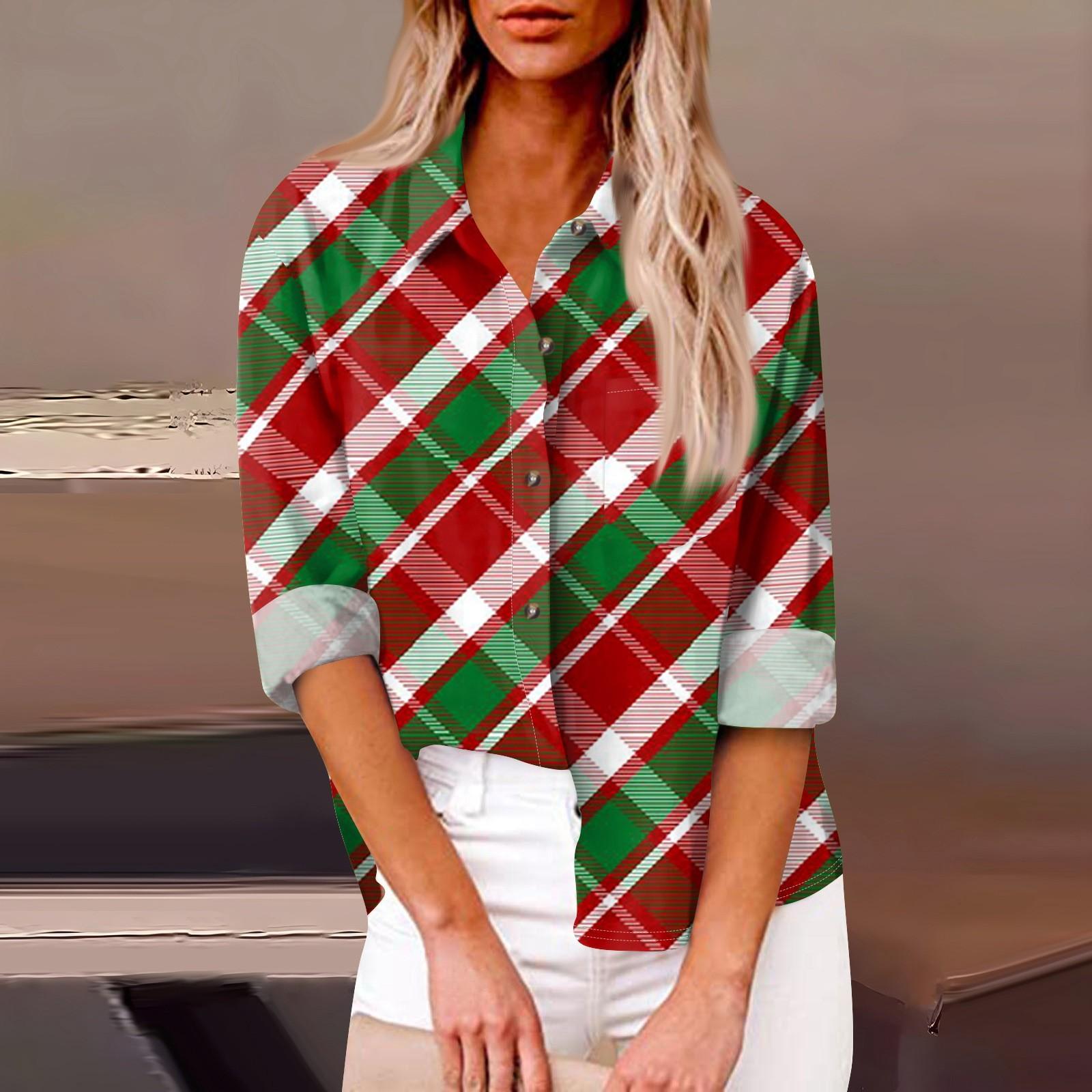 

Женская свободная повседневная рубашка с длинными рукавами и рождественским принтом, кардиган с принтом и карманами XL киноварь