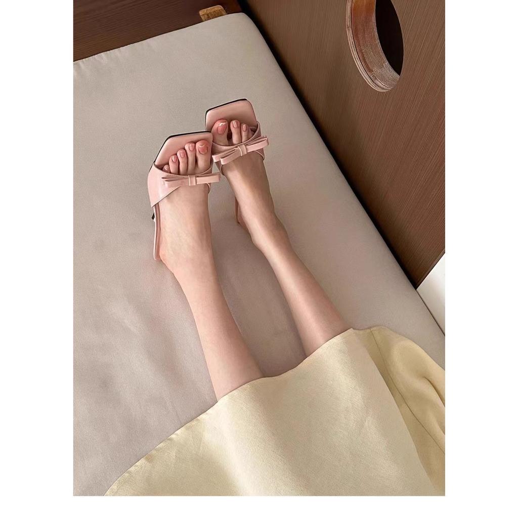 Summer 2025 new elegant French mid-heel stiletto sandals breathable lightweight non-slip bow cool slippers