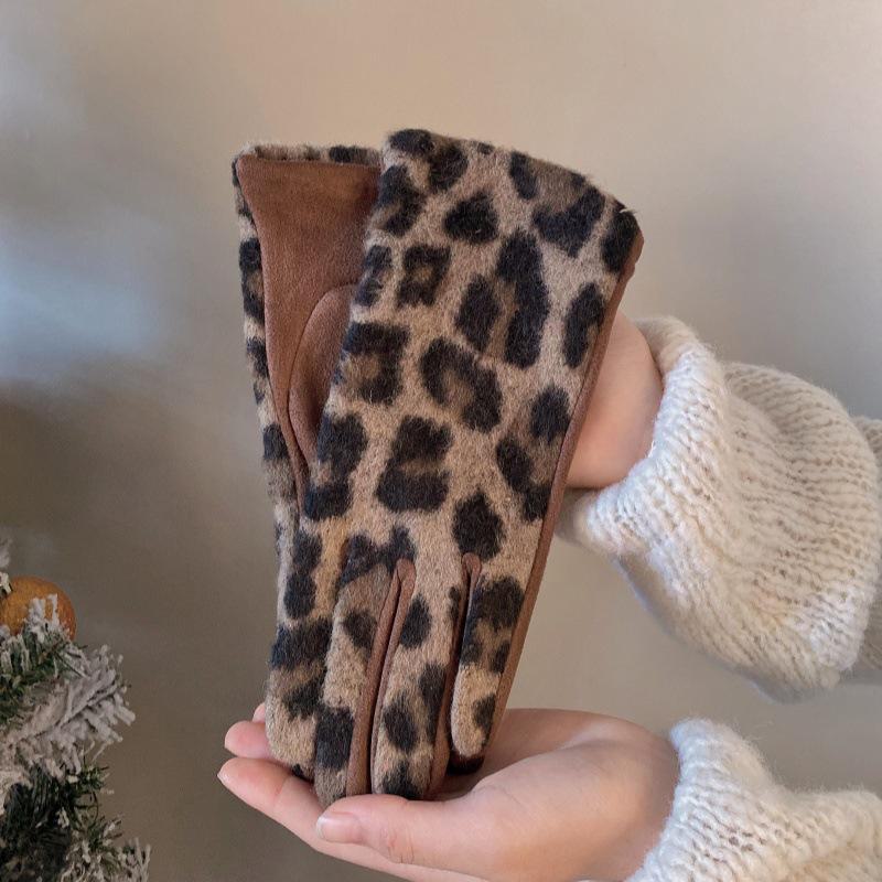 Touchscreen-Handschuhe aus Kaschmir mit Leopardenmuster für Damen zum Reiten und Autofahren im Winter