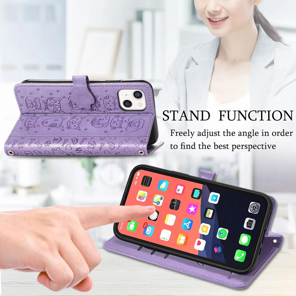Luxury Leather Cat Dog Case For iPhone 16 15 14 13 12 11 Pro X XR XS MAX 8 7 Plus Flip Cute Phone Cover Card Slots Wallet Coque