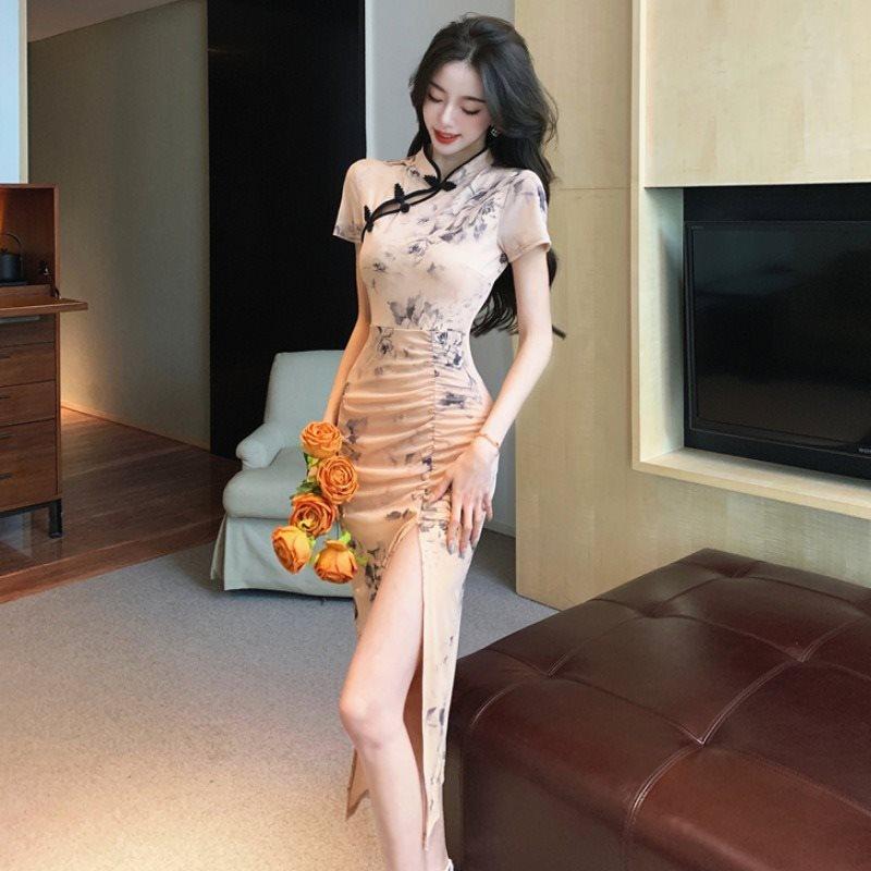 Net Red Retro Sexy Elegant Mesh Flower Color Modified Cheongsam Dress Temperament Slim Thin Package Hip Mid-length Dresses