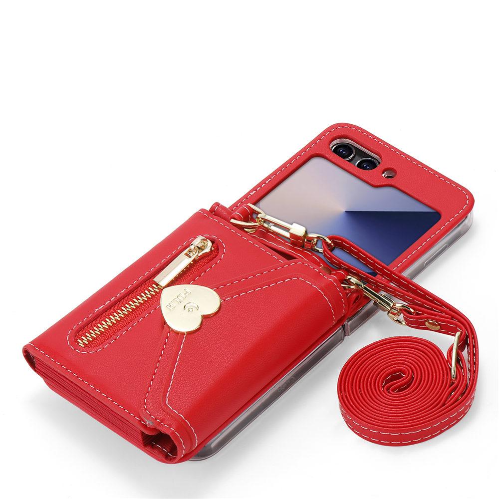 Love Heart Zipper Crossbody Wallet Leather Case For Samsung Galaxy Z Flip 6 Flip 5 4 3 Cards Holder Long Lanyard Cover