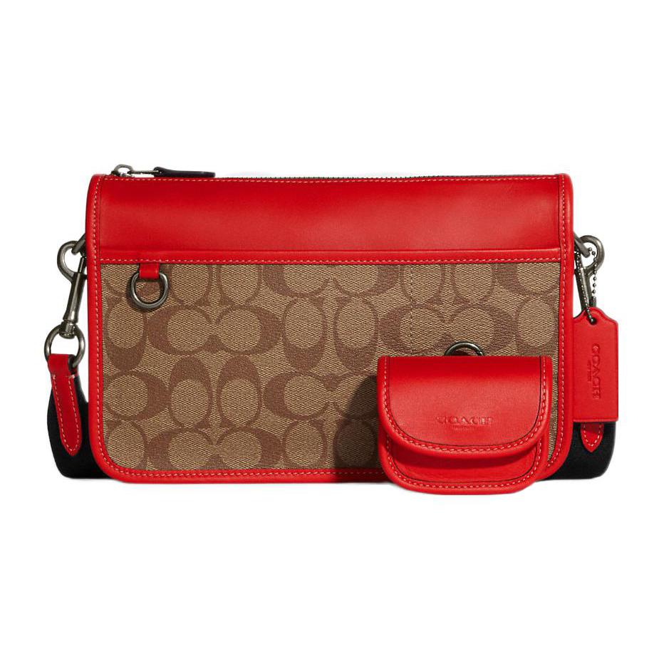 New COACH Heritage Cow Leather One Shoulder Handbag, Crossbody Bag Medium Size Men's Brown & Red C8141-QBUC3