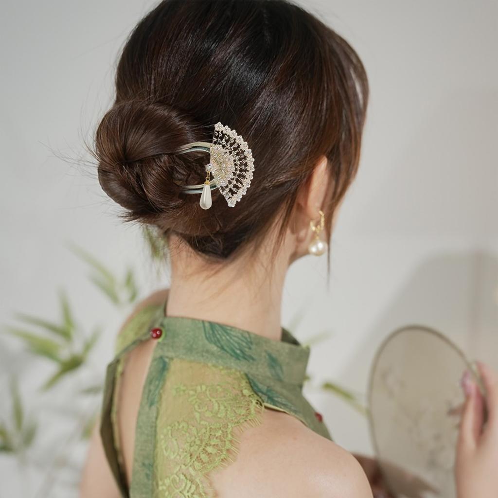 U Shaped Hair Sticks Forks Chinese Fan Shaped Hairpins Side Clips Pearls Pendant Decor Elegant Women Hair Bun Maker Jewelry