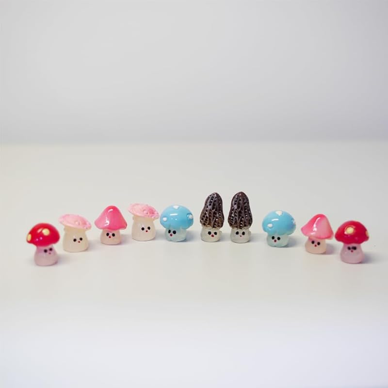 10Pcs Cute Glow in Dark Mini Mushroom Resin Figurines Car Interior Decoration Rearview Mirror Accessories Dashboard Ornament for Micro Landscape
