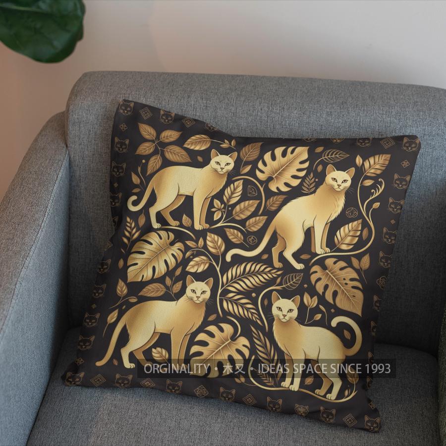 2D Golden Cats And Leaves Pattern Pillow Cover Pattern Cushion Cover Suitable For Sofa Bedroom Car Pillow Cover