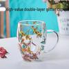 High-value Double-layer Glass Cup with Real Dried Flowers - Heat-resistant with Handle for Tea, Coffee, or Milk.