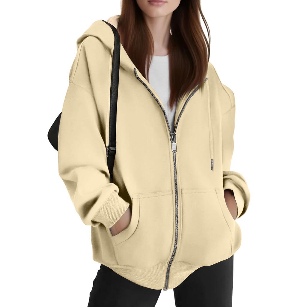 Women's Full Zip Up Hoodie Sweatshirt with Drawstring Hood and Split Pockets Casual Loose Fit Outerwear for Everyday Wear