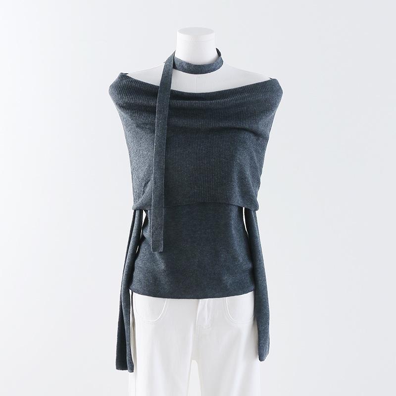 Korean Wool Off-Shoulder Halter Knit Top with Ribbon – Sexy & Slimming Women s Sweater One Size серый