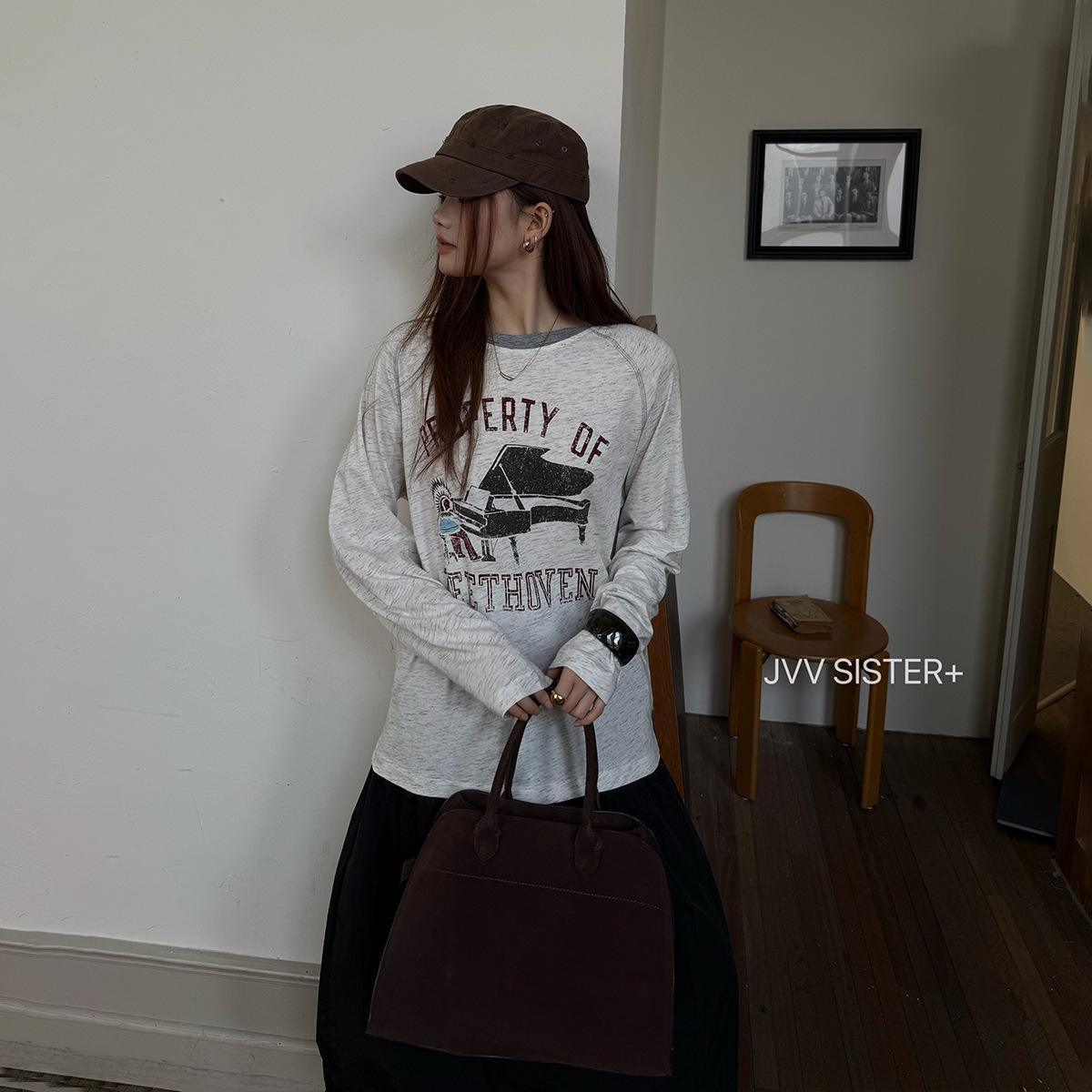 JVV 2025 Winter Women s Printed Long Sleeve Casual Top One Size абрикосовый/серый