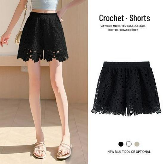 Women s High-Waist Lace Hollow Out A-line Shorts - Summer Slimming, Loose Wide Leg with Elastic Waist XL 120-130 jin