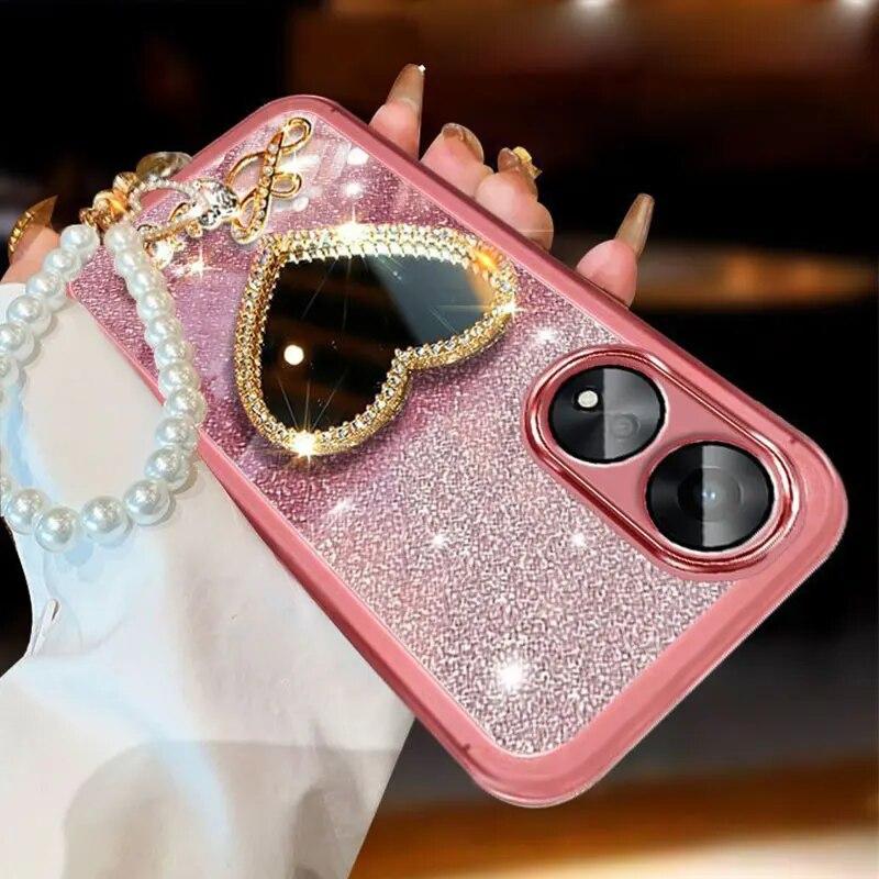 Luxusní perlové pouzdro na náramek pro OPPO A58 Realme 11 4G Reno11 7 10 Pro 7Z 8 Lite 5G A12 A5S Mirror Cover Lesklý třpytivý obal