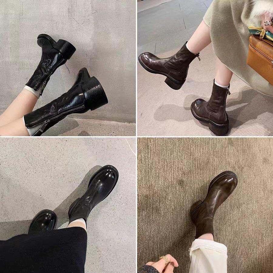 Cowhide Grape Mom Same Leather Platform Short Boots Women's High Heel Boots Autumn and Winter Retro Martin Boots Thick Heel Skinny Boots