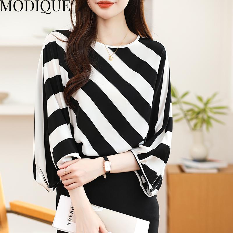 MODIQUE Printemps Été Grande Taille Femmes Casual Lâche Élégant Coton Soie Rayure Imprimé Chemisier T-Shirts Dame Mode Oversize O-cou À Manches Longues Pull