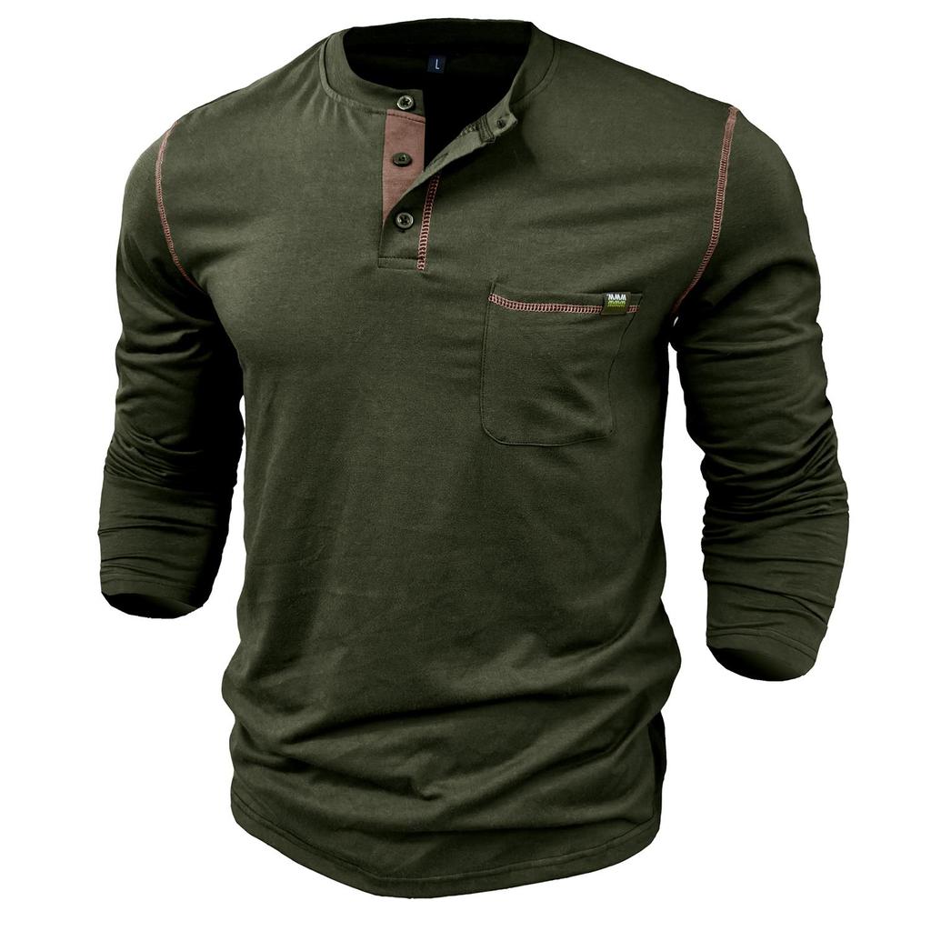 Men's Clothing Button down Shirts Long Sleeves Pullovers Knitted T-shirts In Matching Color Buttons Round Neck Tops with Chest Pockets Stylish Casual
