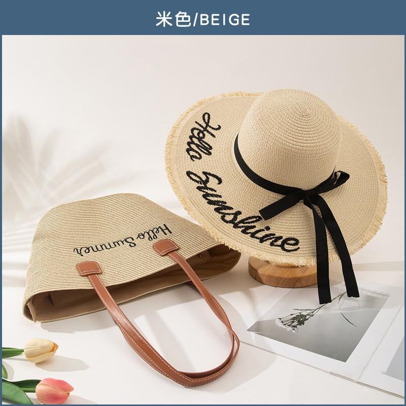 Large Straw Tote Bag Sun Hat Set Women Beach Vacation