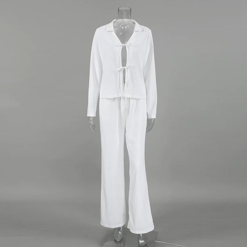 

Fashion Style White Cardigan Tied Long Sleeves Shirt Pants Suit Lace up Top and Pants Set White L