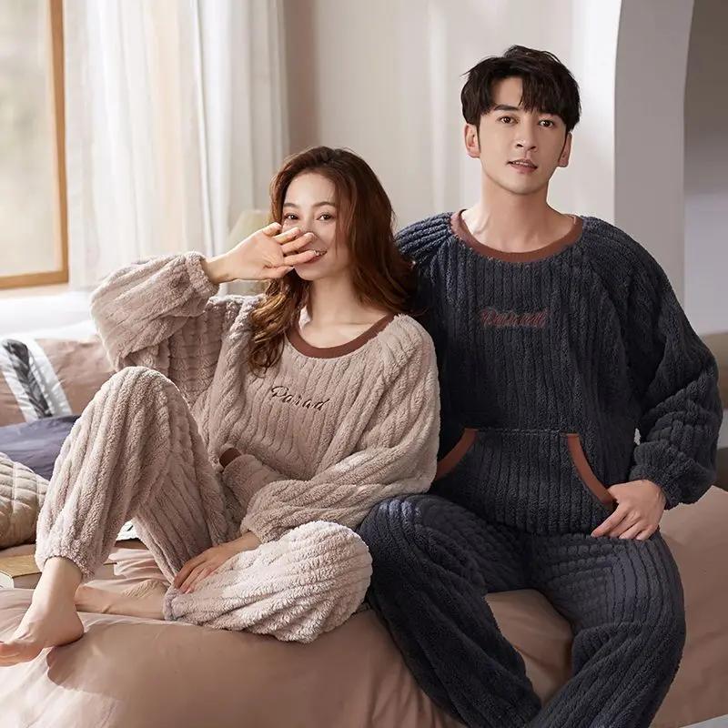 New Coral Velvet Couple Pajamas Women Thickened Autumn Winter Sleepwear Plus Velvet Flannel Men Round Collar Homewear Suit