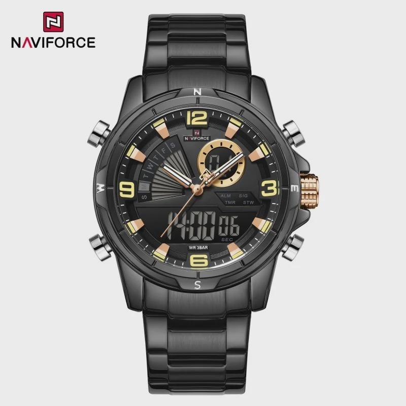 Mens Multifunctional Double-Display Watches Date Stainless Steel Watchband LED Luminous Mode Waterproof Wrist Watch