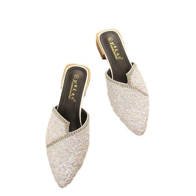 2025 New High-heeled Hot Diamond Bag Head Slippers Pointed Thick Heel Sexy Slippers Women's Catwalk Women's Shoes Wear Cool Slippers