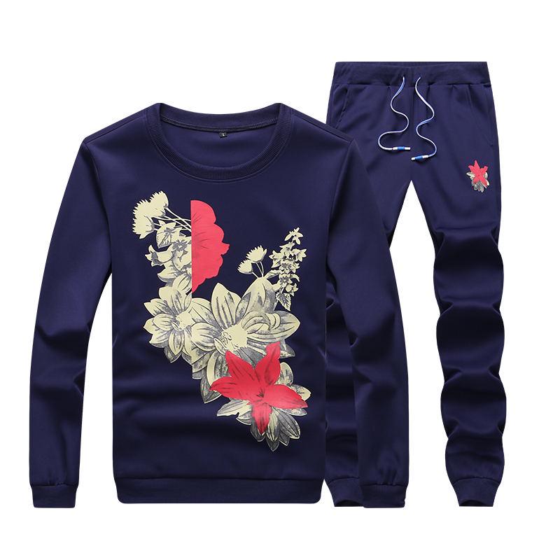 

Осенний мужской комплект спортивной одежды, брюки, пуловер с цветочным принтом, мужские спортивные костюмы S синий