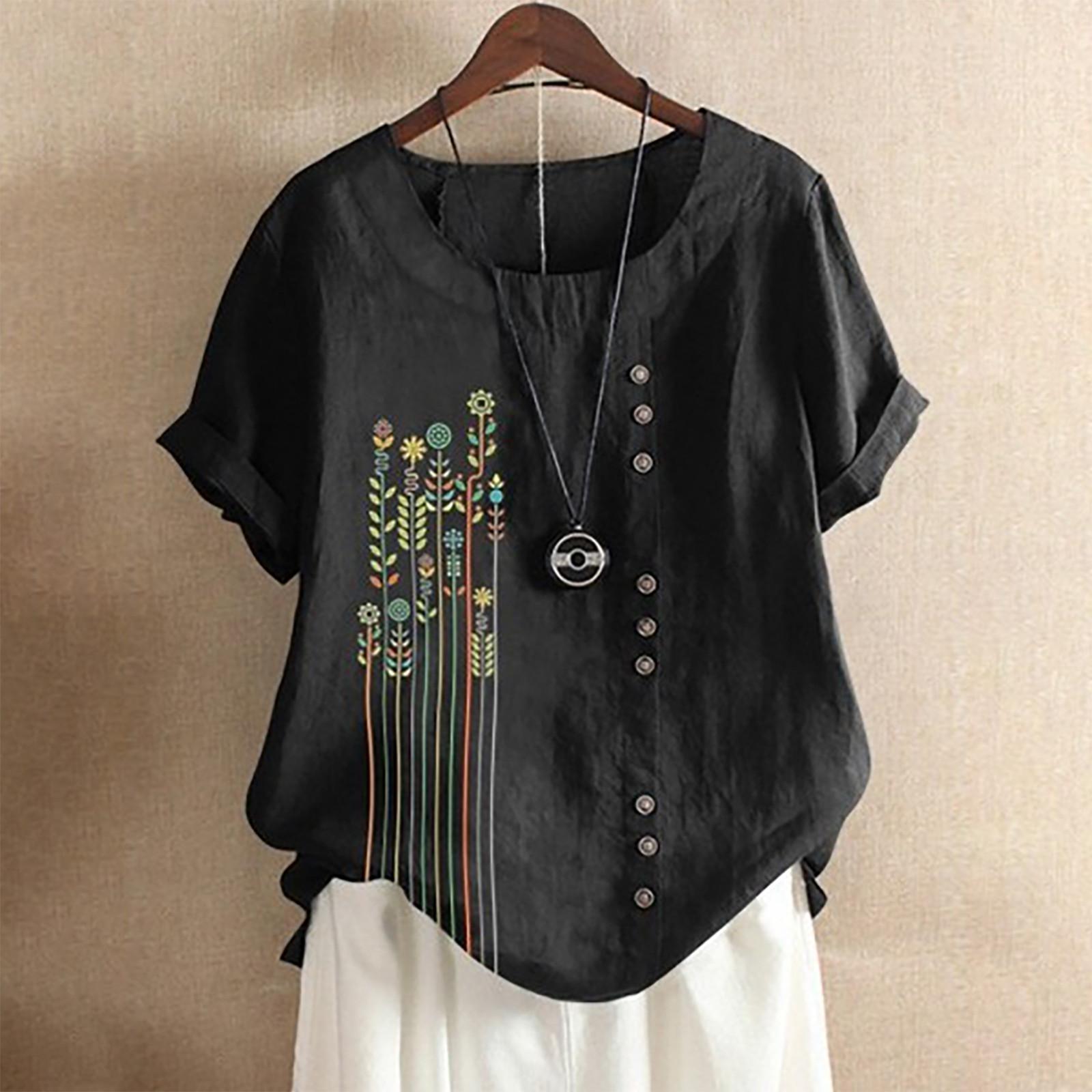 

Women Casual Printed Loose Button Tunic Shirt Blouse Cotton Tops M чёрный