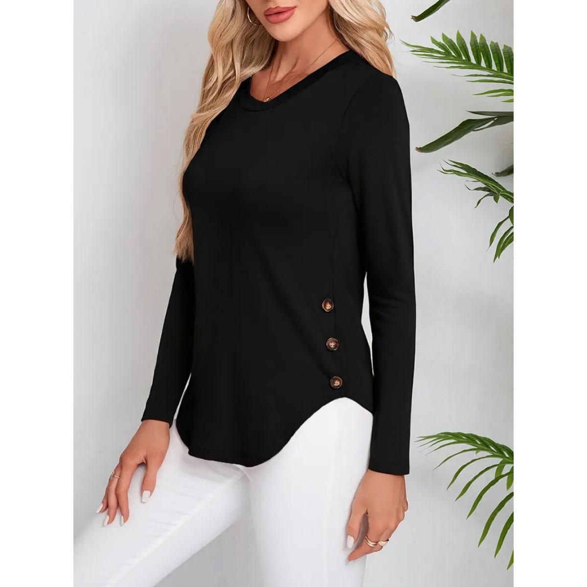 

New Women s Fall Winter Long Sleeve T-Shirt, Crew Neck Curved Hem Casual Basic Tee Top S чёрный