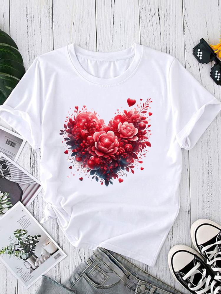 (Asian Size) O-neck Short Sleeve T-shirts Fashion Female Casual Clothing love heart flower Women's Top T shirt Printed Graphic Tee