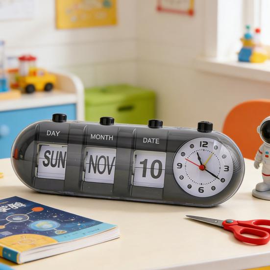 Perpetual Desk Calendar with Clock Vintage Manual Flip Calendar Digital Alarm Clock with Day Month Date Display for Home Office Desk Shelf Decor