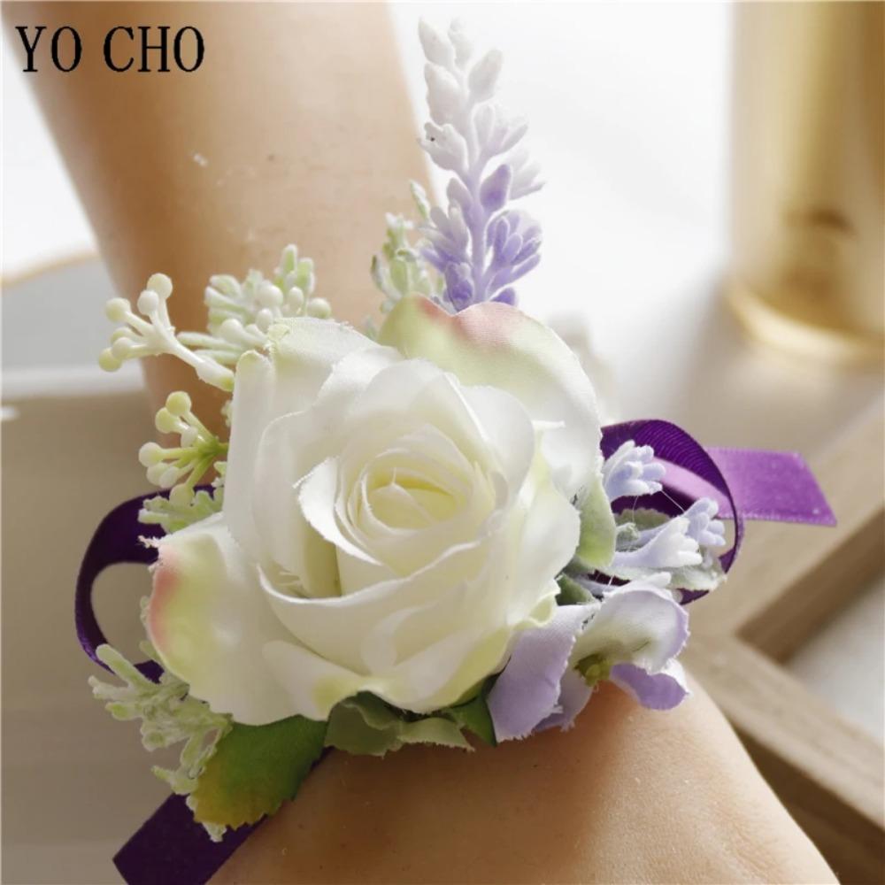 YO CHO Wedding Corsages Flower Groom Boutonniere Purple Silk Rose Man Brooches Wedding Bridesmaids Bracelet Wrist Corsage Flower