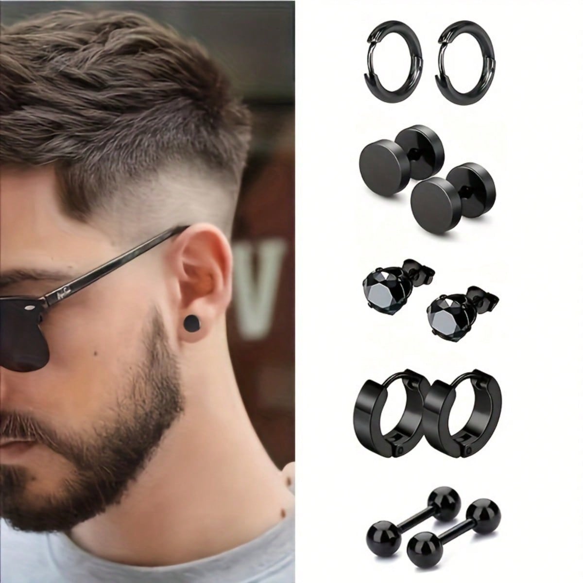 

5-pack Men s Punk Style Titanium Steel Round Earrings with Cubic Zirconia Inlay - Suitable for Casual Decoration чёрный