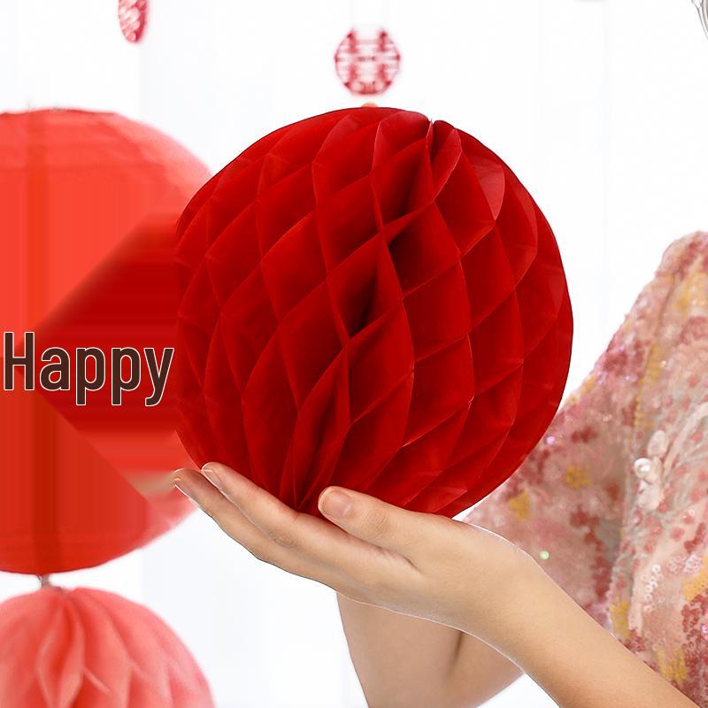Wedding Double Happiness Garland & Lantern Set with Honeycomb Ball Columns for Background Decor