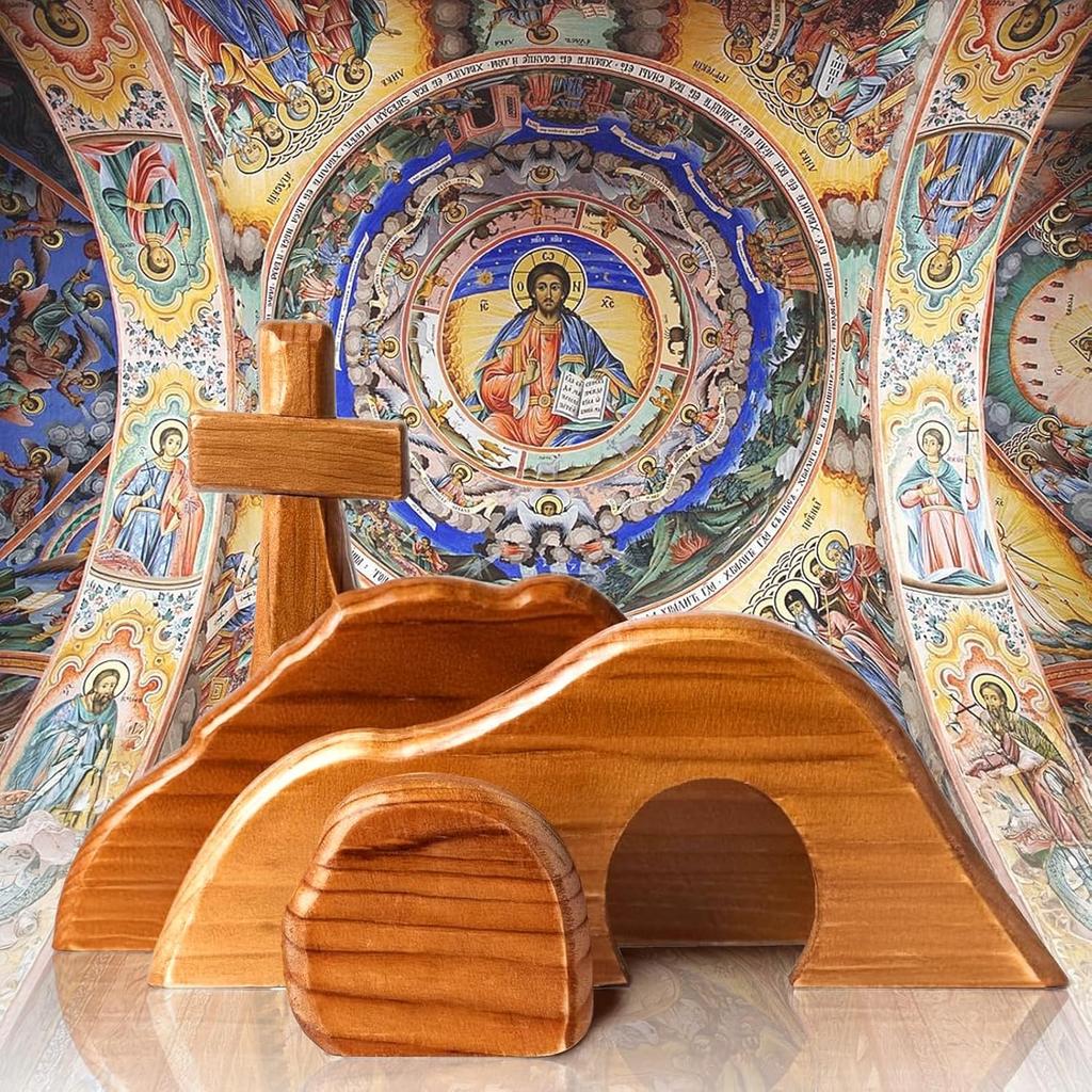 Easter Resurrection Scene Set, Easter Wooden Decorations Religious, Jesus Nativity Christ Statue Decoration, Empty Tomb Tabletop Ornaments Cross