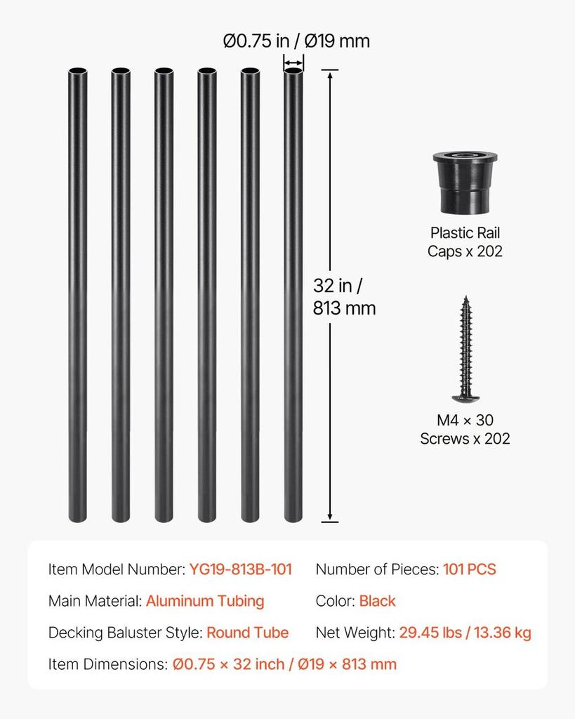 Staircase Balusters 101 Pack 32 In Aluminum Spindles with Screws/Rail Caps