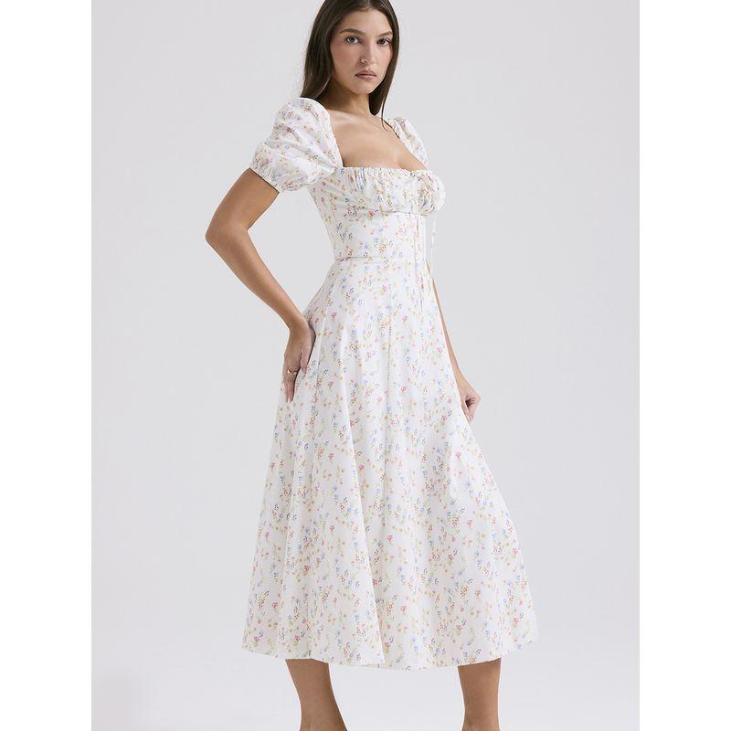 House Same Watercolor Garden French Sweet Floral Square Collar Puff Sleeves Waist Slimming Slit Dress