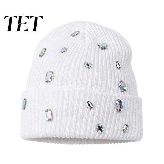 Punk Style Hat with Rhinestones Bling Rhinestone Knitted Hat, Street Knit Winter Fashionable Autumn Headwear Warm Skull Cap for Women Fashion