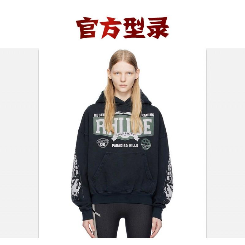 Rhude Vintage Letter Print Heavyweight Hoodie Men Women Loose Fit Streetwear Winter Long Sleeve Top