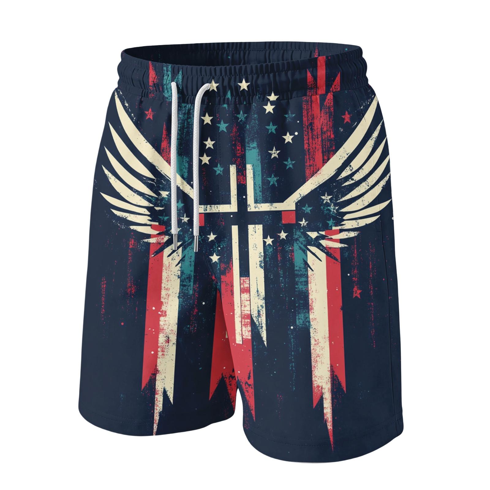 

Men s Casual Drawstring Waist Shorts with American Flag Inspired Wing Print Relaxed Fit Lightweight Fabric S білий